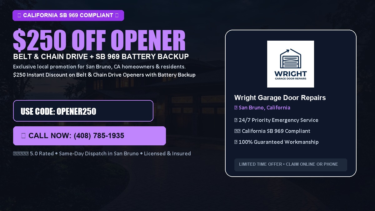 $250 OFF Smart Garage Door Opener Installation (Belt & Chain Drive with California SB 969 Battery Backup) in San Bruno, CA